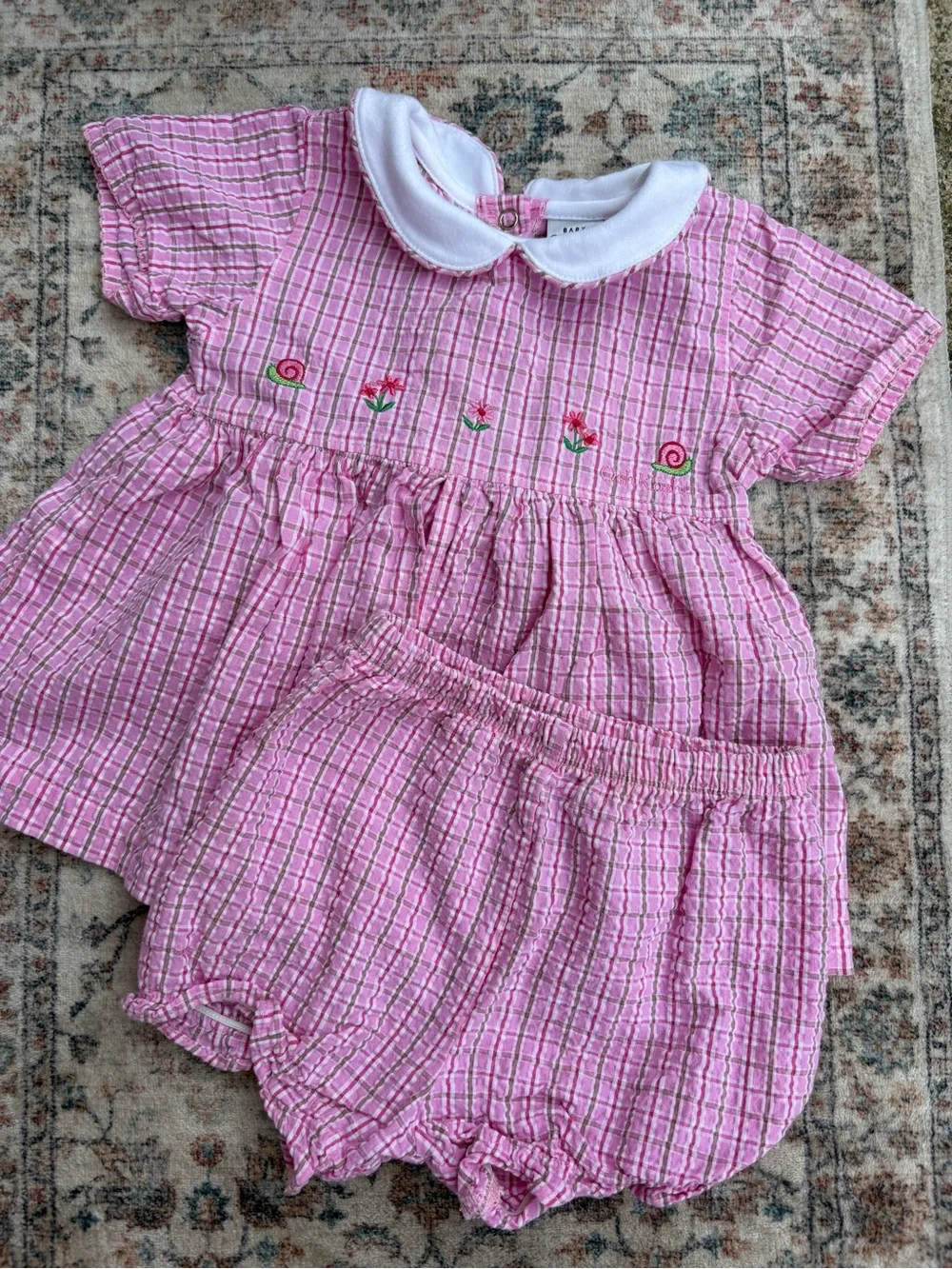 Vintage Oshkosh B’Gosh Girls Plaid Pink Slit Front Dress Floral Embroidered